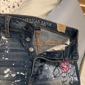 American Eagle Outfitters Dark Blue Denim Jean Shorts with Pink Floral Accent